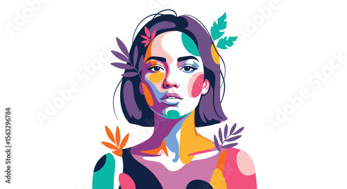 Vibrant portrait of a woman embracing nature with abstract color blocks