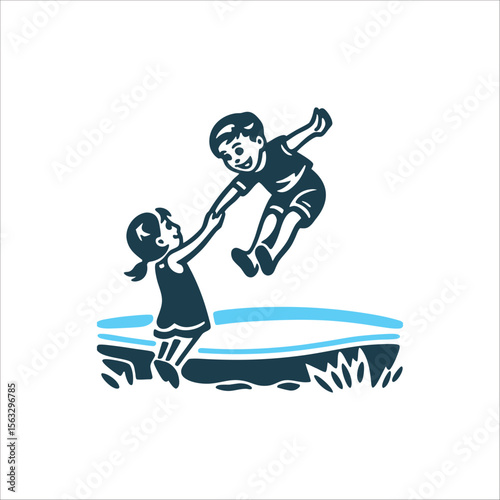 Children Playing Leapfrog Illustration, Retro Style Whakatopeke Leapfrog jumper