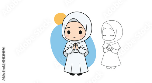 Adorable muslim girl in hijab offering prayer with a dotted outline drawing for tracing