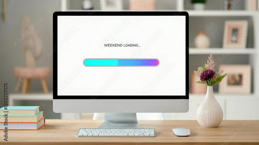 Desktop computer displaying colorful progress bar with 