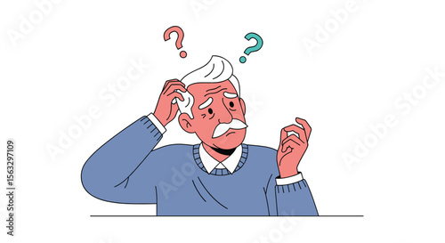 Elderly man confused scratching head with question marks above showing memory loss and cognitive decline
