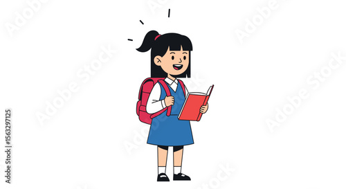Happy schoolgirl with backpack reading a book with excitement and joy on her face