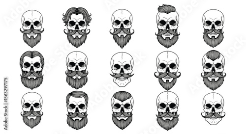 Collection of artistic skulls featuring diverse beard and mustache styles for unique character designs