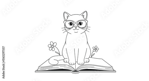 Whimsical feline scholar finds zen while reading a book relaxed cat meditating with glasses