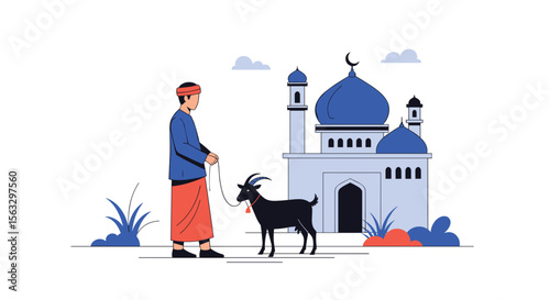 Man leads goat towards mosque for religious sacrifice celebration
