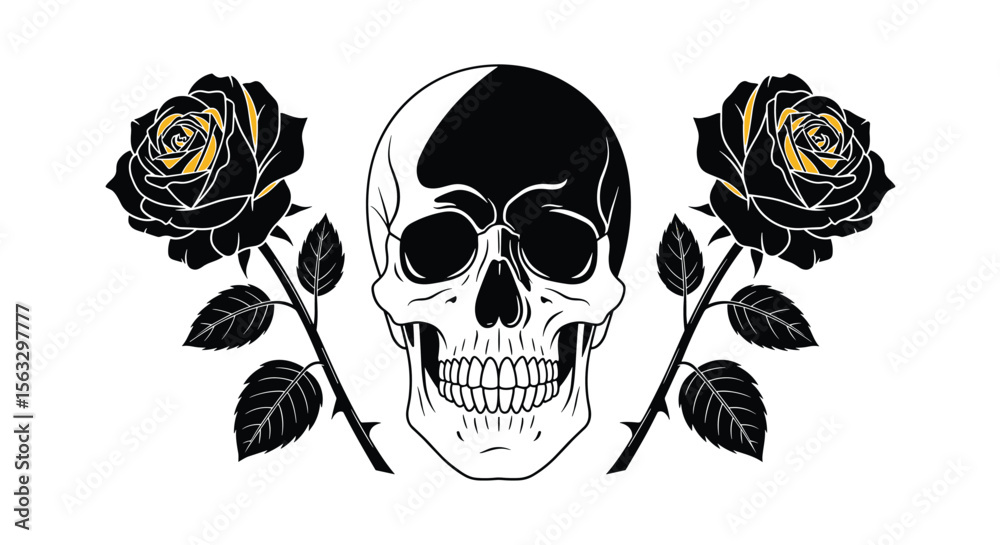 Fototapeta premium Dark gothic skull and roses design symbolizing mortality and beauty