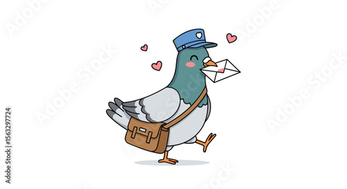 A happy pigeon carrier bird delivering love letters with hearts floating above