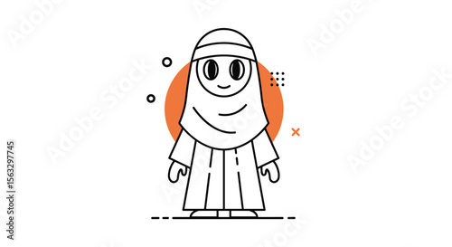 Charming character with traditional attire and distinctive head covering