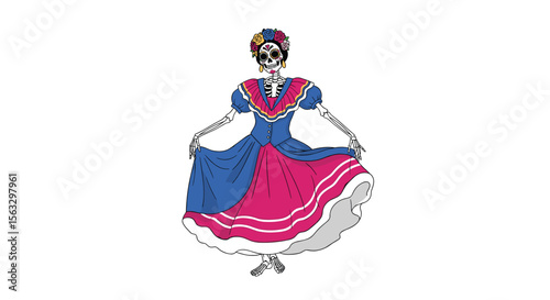 Day of the dead skeleton dancer in traditional folkloric dress performing lively movement