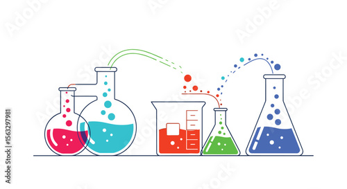 Chemical experimentation with colorful liquids in laboratory glassware for scientific discovery