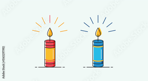 Two pixel art birthday candles with flames and glowing light rays