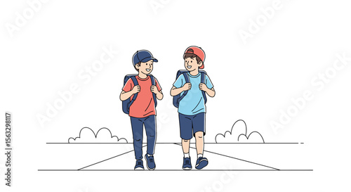 Two young boys with backpacks walk along a path enjoying their journey together