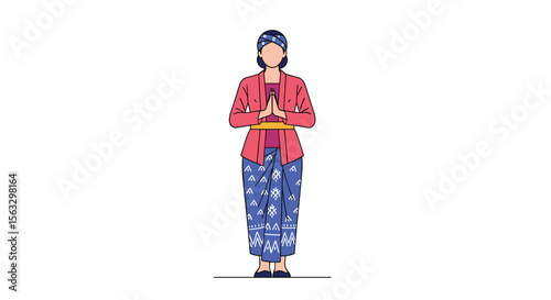 A woman in traditional indonesian attire offers a welcoming gesture