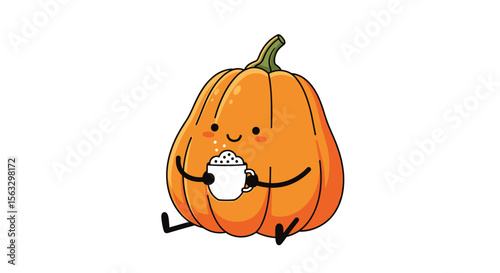 Cute happy pumpkin character enjoying a warm beverage with whipped cream