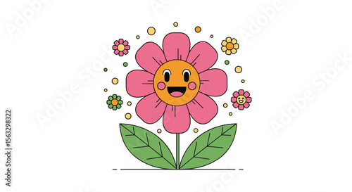 Joyful pink daisy with green leaves and sparkling dots blooming brightly