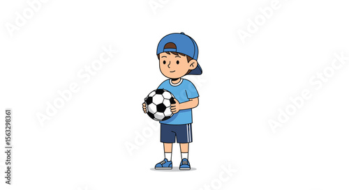Young boy in blue athletic wear holding a soccer ball with determination