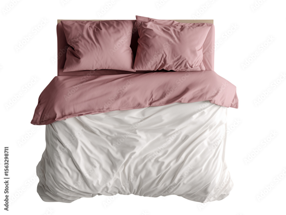 Obraz premium An inviting overhead shot showcases a meticulously arranged bed, complete with soft pillows and a duvet, isolated on a white background