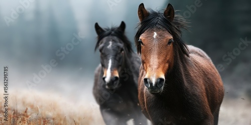 Horses roam through misty forest landscape at dawn near a tranquil valley