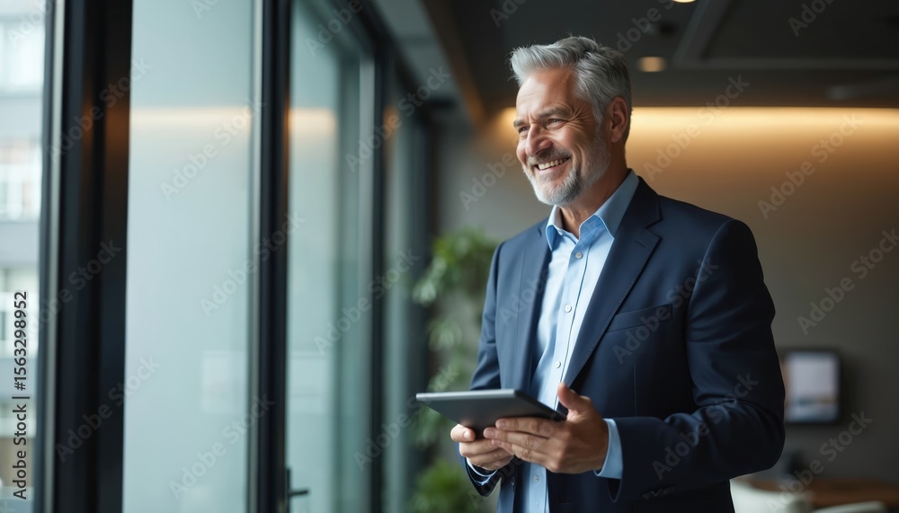 Fototapeta premium Smiling middle-aged businessman in suit using digital tablet. Mature executive manager looking away. Happy ceo holding tech device in modern office. Professional corporate leader in successful job.