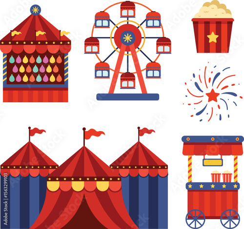 Game Booth, Ferris Wheel, Popcorn Wagon, Carnival Colorful Set Vector Illustration