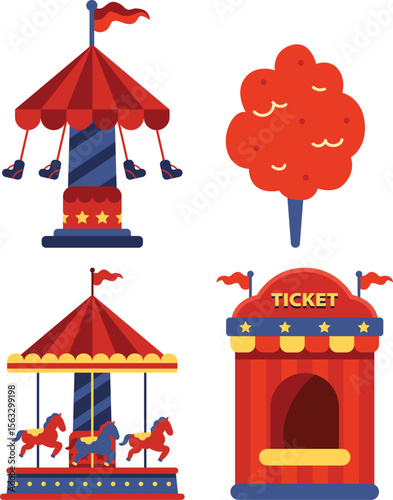 Swing Ride, Cotton Candy, Carousel, Ticket Booth, Colorful, Carnival Set Vector Illustration