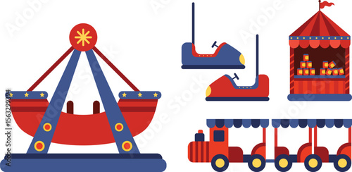 Pirate Ship, Bump Car, Game Booth, Train, Colorful, Carnival Set Vector Illustration