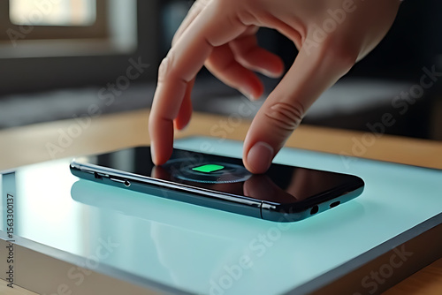 Hand interacting with a smartphone on a luminous blue wireless charging pad, displaying a green battery icon.