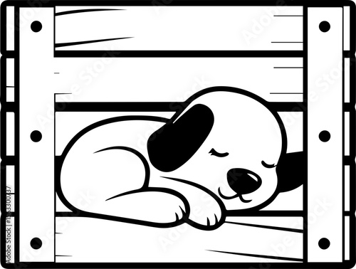 Cute cartoon dog sitting in a box, SVG with clean lines.Sweet Puppy Sleeping Peacefully in Wooden Crate Illustration