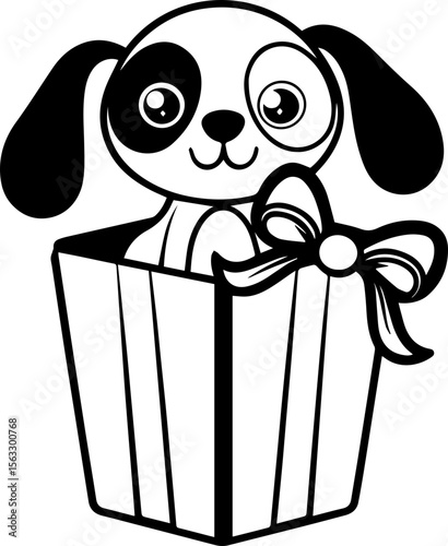 Cute cartoon dog sitting in a box, SVG with clean lines.Cute Cartoon Dog Peeking from Box with Ribbon Bow