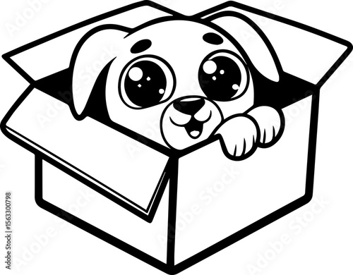 Cute cartoon dog sitting in a box, SVG with clean lines.Cute Cartoon Puppy Peeking Out of a Box Illustration