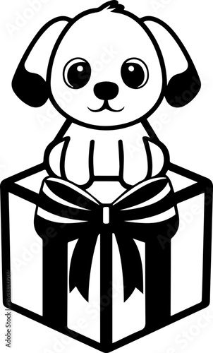 Cute cartoon dog sitting in a box, SVG with clean lines.Cute Cartoon Puppy Sitting on Gift Box with Ribbon