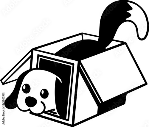 Cute cartoon dog sitting in a box, SVG with clean lines.Cute Dog Poking Head Out of Box for Adorable Moments