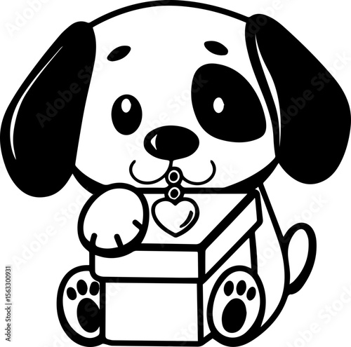 Cute cartoon dog sitting in a box, SVG with clean lines.Cute Cartoon Dog with Gift Box and Heart Pendant Design
