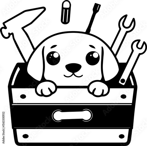 Cute cartoon dog sitting in a box, SVG with clean lines.Cute Puppy in Toolbox with Tools and Fun Accessories