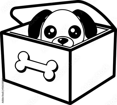 Cute cartoon dog sitting in a box, SVG with clean lines.Cute cartoon puppy peeking from a box with open lid