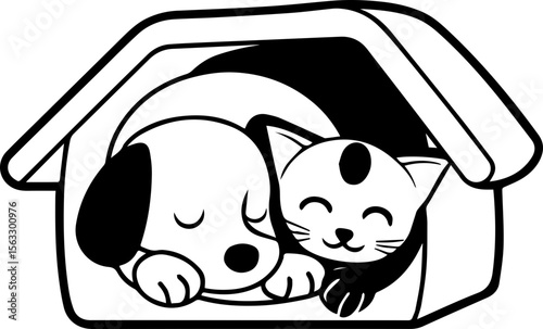 Cute cartoon dog sitting in a box, SVG with clean lines.Cozy Companions: Dog and Cat Sleeping Together in House