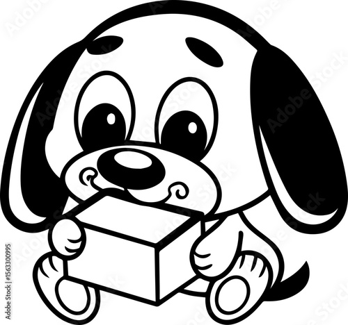 Cute cartoon dog sitting in a box, SVG with clean lines.Cute Puppy Holding Box in Black and White Outline Drawing