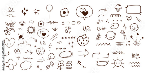 Doodle sheet filled with handdrawn sketches of hearts arrows plants sun and more on a white background