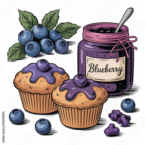 Blueberry Muffins and Jam with Fresh Berries