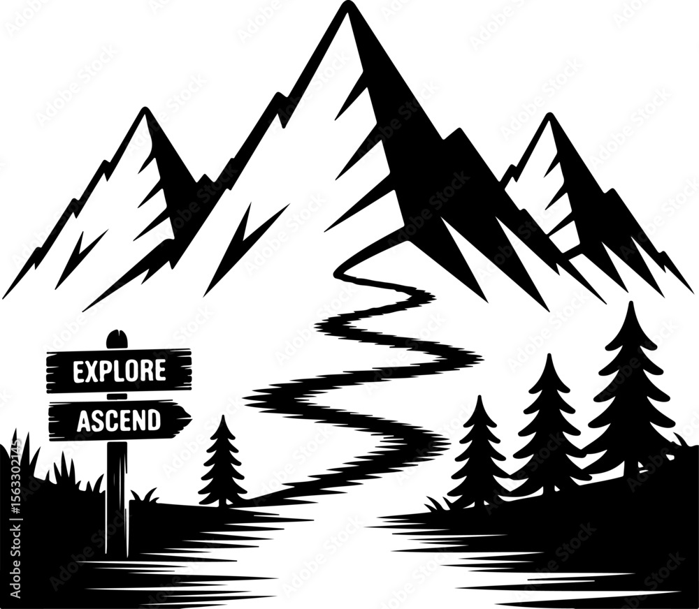 Fototapeta premium Hiker in Mountain Landscape Silhouette vector 
