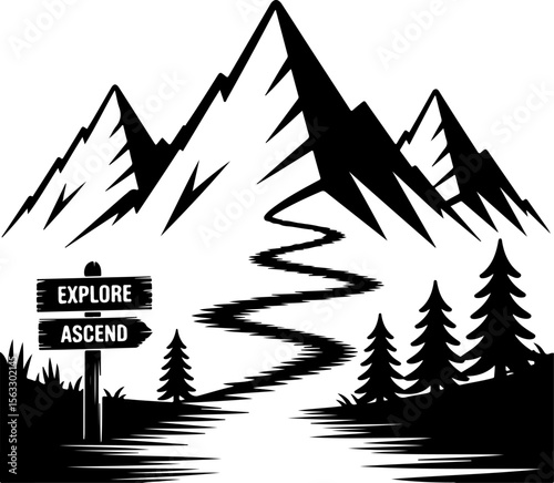 Hiker in Mountain Landscape Silhouette vector 