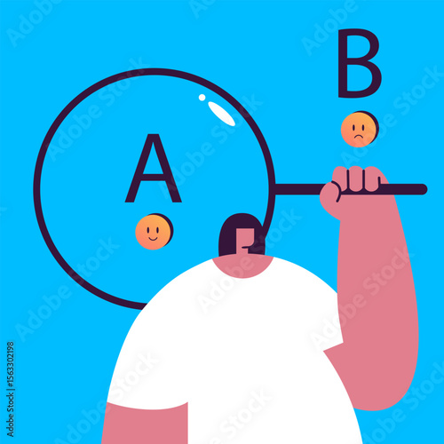 AB testing or split testing of mobile application or program with Girl. Test in digital marketing, data visualization and app optimization concept. Flat vector illustration.