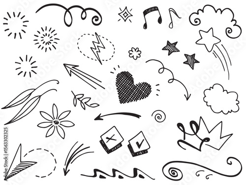 Doodle sketch with icons of a heart stars music and arrows