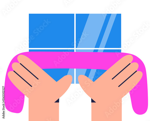 House cleaning by hands . Window washing by cloth. Surface dust cleaning. Flat vector illustration.