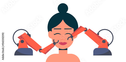 Facial massage, self-care with ai robot arms. Skin care. Spa procedures. Flat vector illustration.
