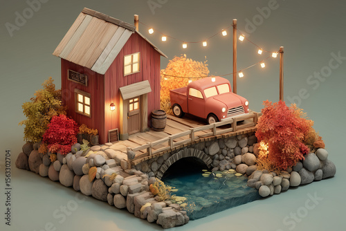3D Render of Cozy Cottage with Red Car Bridge and String Lights in Autumn
