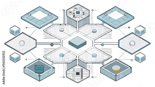 Vector art of abstract isometric illustration of a complex network system with interconnected nodes, isolated on transparent background