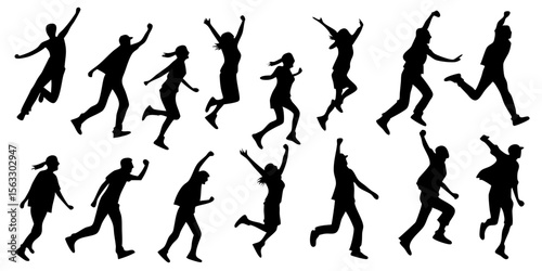 Vector art of silhouettes of multiple people jumping and running, isolated on transparent background
