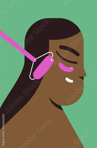 Facial massage, self-care. Skin care for black woman. Spa procedures. Flat vector illustration.