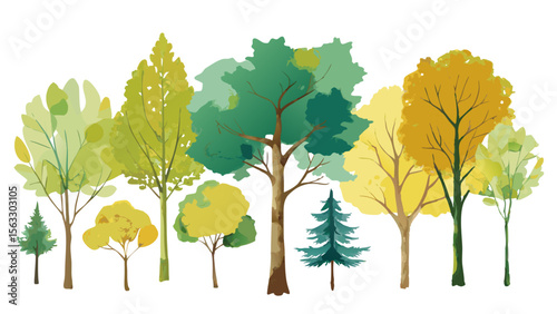 Vector art of a diverse set of trees isolated on transparent background, ranging in color from lush greens to autumnal yellows, perfect for design and illustration